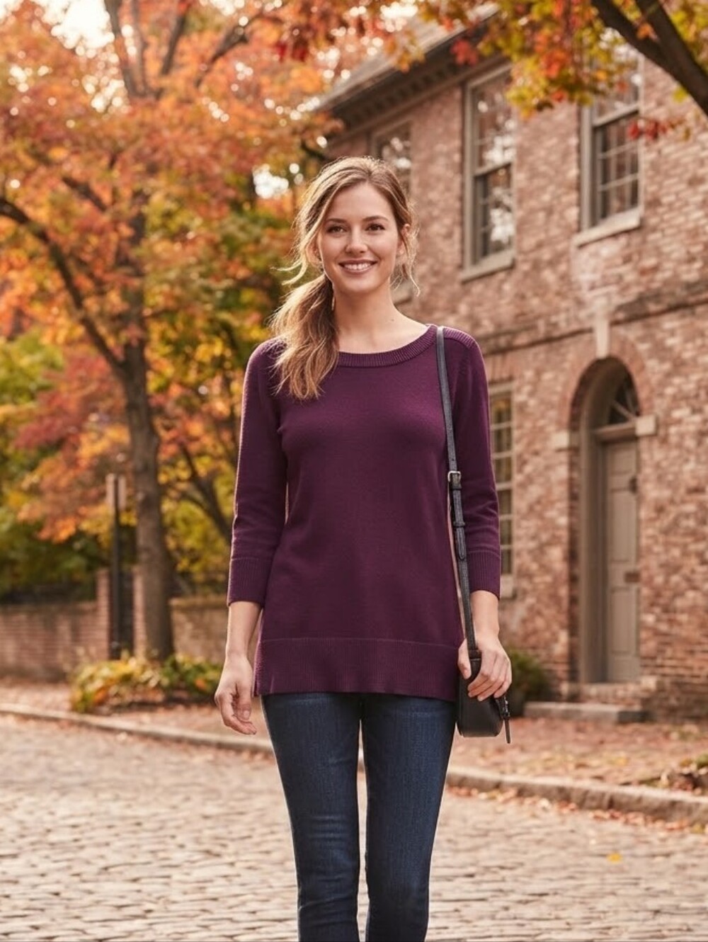 Cable & Gage Ribbed-Shoulder Deep Purple Tunic Sweater